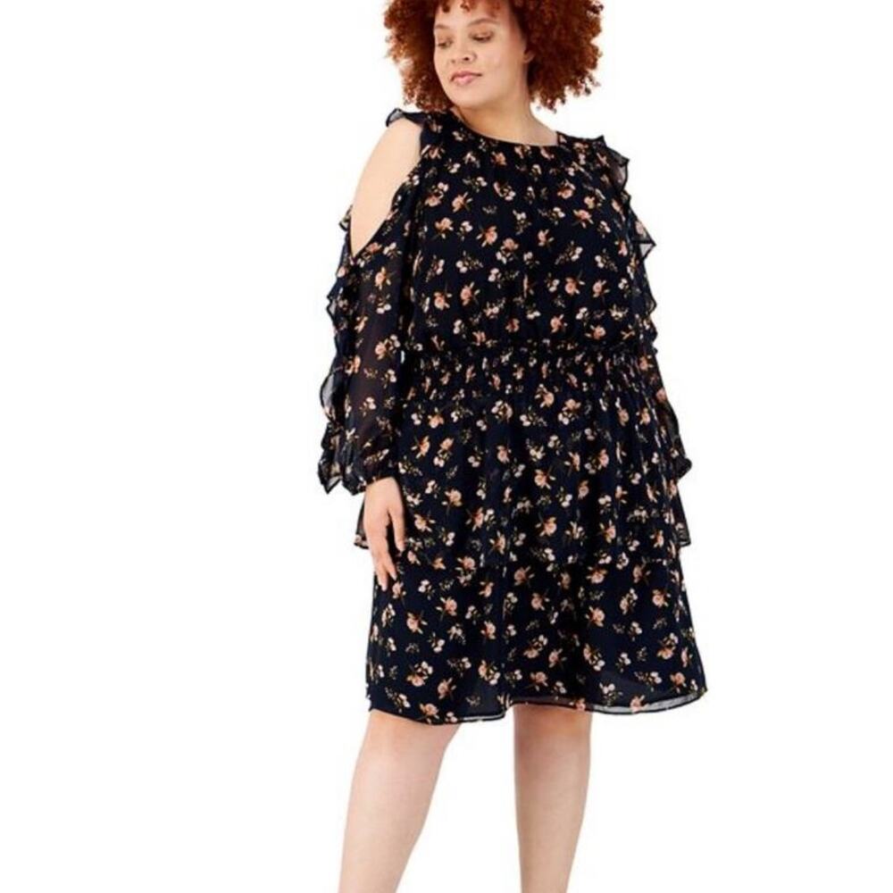1. State Navy Floral Cold-Shoulder Ruffle Midi Dress size 3X